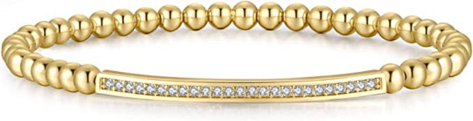 Gold Beaded Chain Bracelet With Dainty Topaz Curved Bar With Clasp