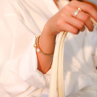 Gold Beaded Chain Bracelet With Dainty Topaz Curved Bar With Clasp