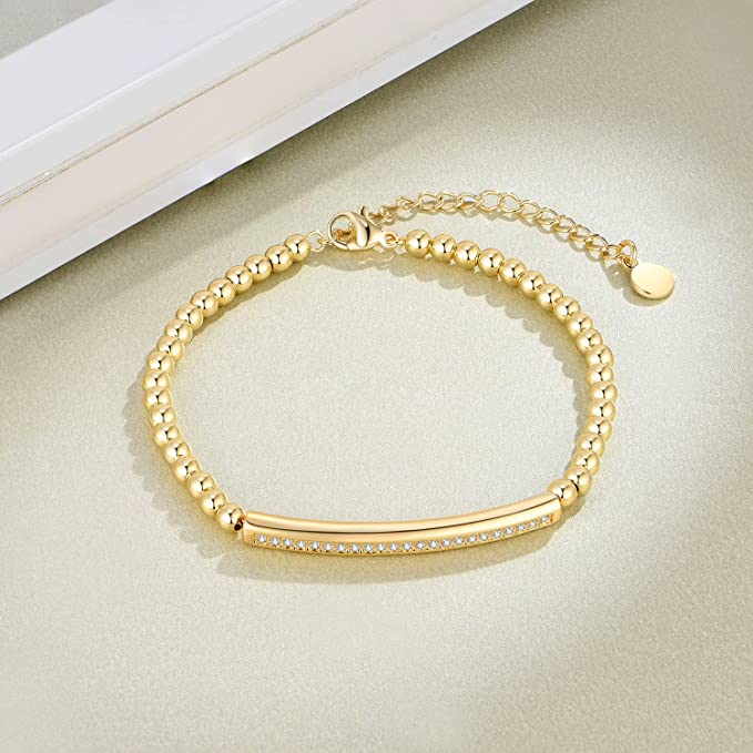 Gold Beaded Chain Bracelet With Dainty Topaz Curved Bar With Clasp