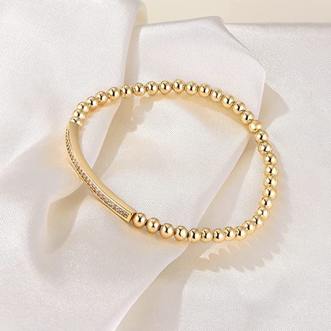 Gold Beaded Chain Bracelet With Dainty Topaz Curved Bar With Clasp